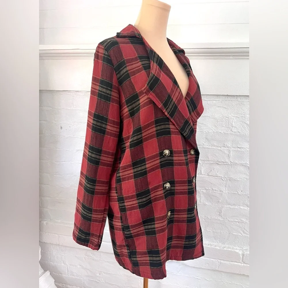 POL Red and Black Plaid Oversize Blazer Lightweight Double Breasted Long Jacket - Picture 3 of 17